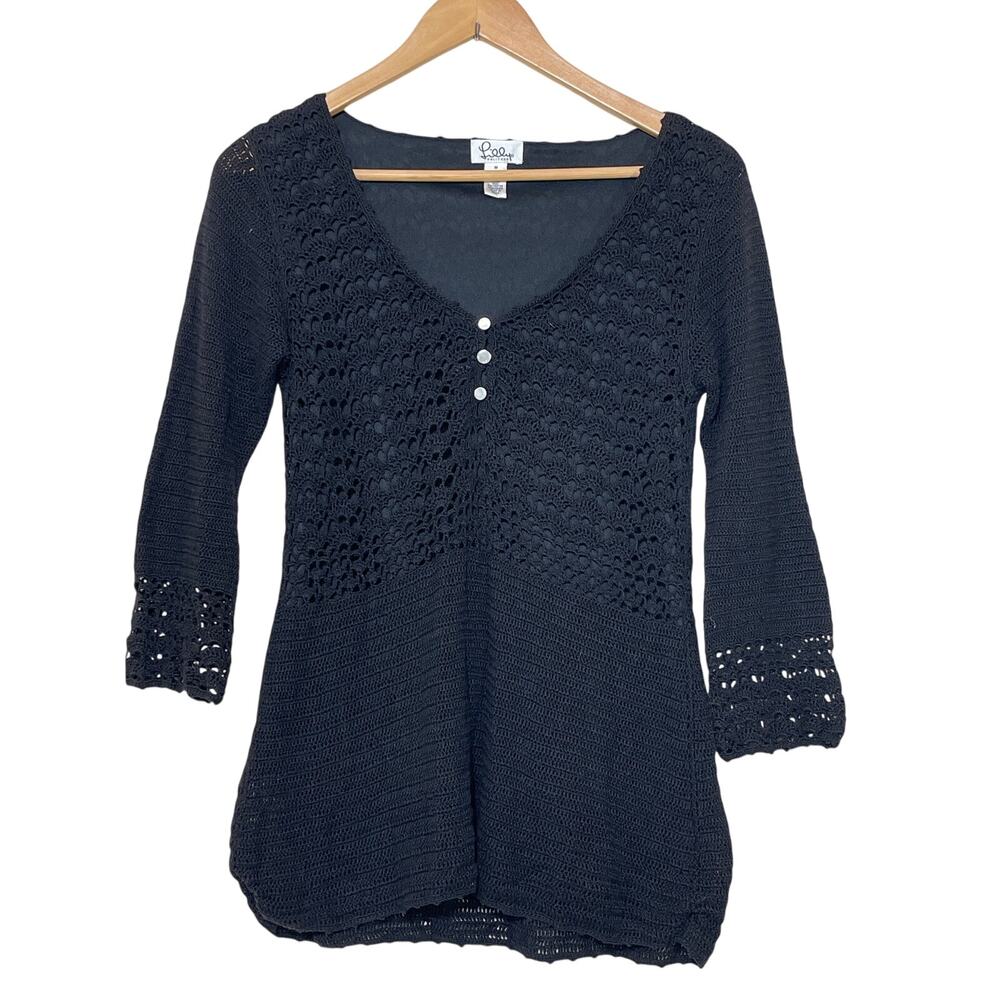 Lilly Pulitzer Women's M Black Crochet 3/4 Sleeve V Neck Whimsigoth Blouse Top
